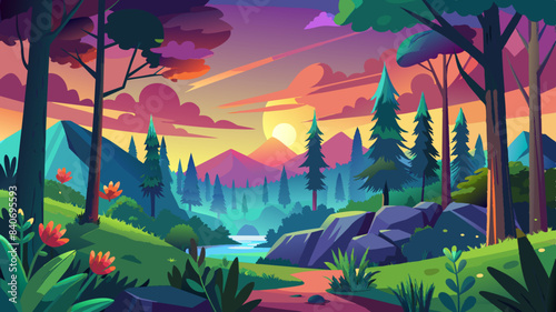 forest landscape of colorful sunsets vector background 