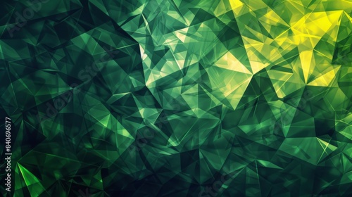 An abstract geometric background with sharp triangles and polygons in various shades of green and yellow. The shapes are layered to create depth and a sense of modernity photo