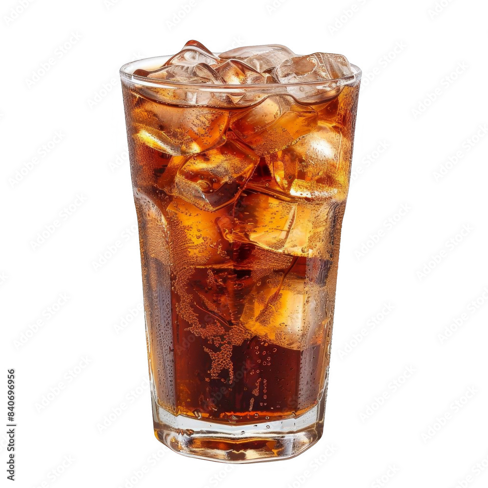 A glass of cola with ice cubes, transparent background A glass of cola with ice cubes, transparent background