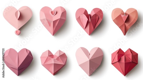 A collection of paper hearts arranged neatly on a white background, great for romantic or sentimental uses photo