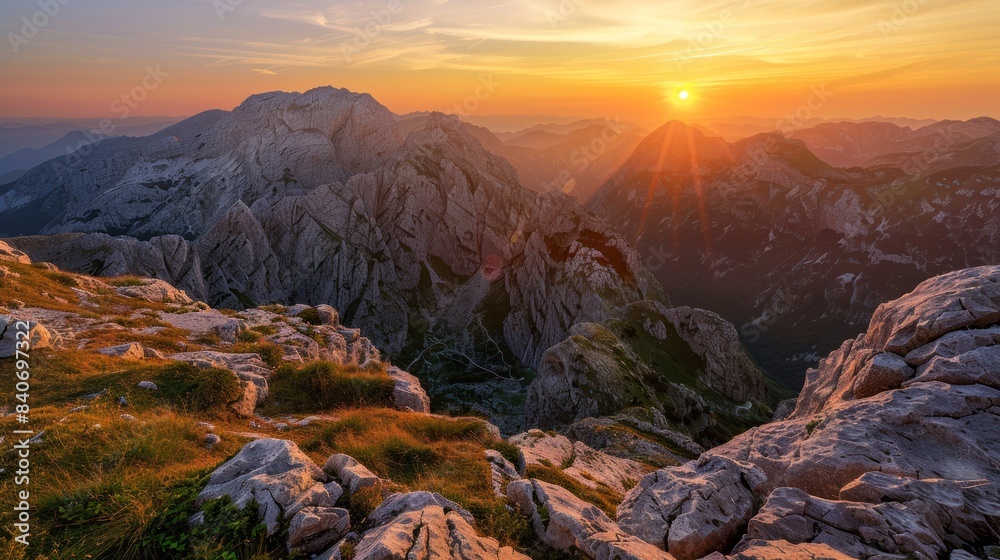 Beautiful mountains range with sunset sky in the background.
