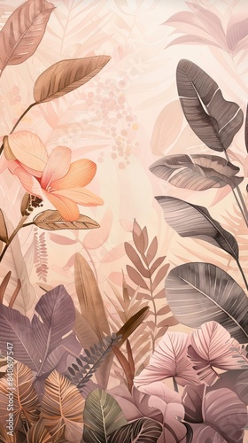 Illustration of tropical wallpaper print design with palm banana leaves and birds on canvas texture. Tropical plants and birds on textured background. AI generated illustration