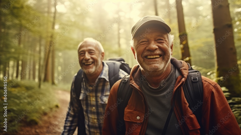 Two older men hiking in the woods, carrying backpacks and enjoying nature Two older men hiking in the woods, carrying backpacks and enjoying nature