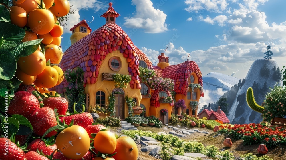 Obraz premium Vibrant 3d render of fruit shaped houses in a creative village illustration, colorful architecture