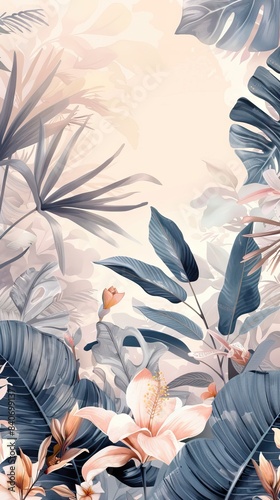 Illustration of tropical wallpaper print design with palm banana leaves and birds on canvas texture. Tropical plants and birds on textured background. AI generated illustration