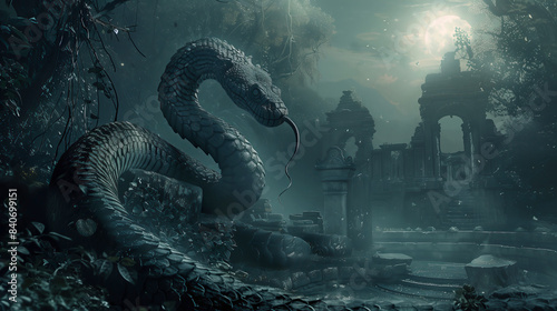 Fototapeta Naklejka Na Ścianę i Meble -  an ancient stone snake statue in the ruins of old Indian temples, surrounded by dense jungle foliage and eerie moonlight