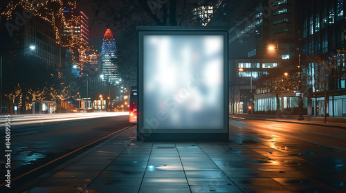 Empty billboard mockup, in the street surrounded by road and buildings. photo