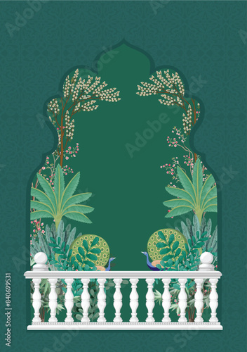 
Traditional Indian Wedding Invitation Card. Indian Mughal garden, peacock, lotus and arch frame illustration invitation.