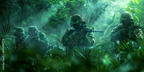 In-Depth Depiction of Jungle Guerrilla Warfare Camouflaged Fighters Setting Up Ambush. Concept Warfare Tactics, Jungle Ambush, Camouflage Techniques, Guerrilla Fighters, Military Strategy photo