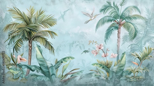 Illustration of tropical wallpaper print design with palm leaves  monstera leaves  birds and texture. Exotic plants and birds on textured background. AI generated illustration