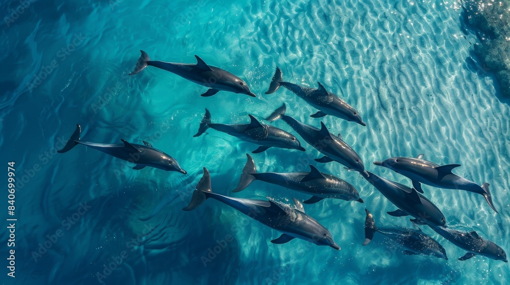 Obraz premium An aerial view of a dolphin pod swimming in formation, their synchronized movements creating mesmerizing patterns on the ocean's surface