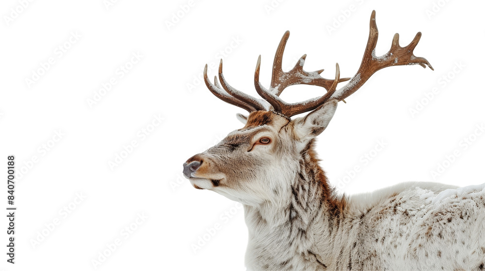A deer with large antlers stands in front transparent or white background A deer with large antlers stands in front transparent or white background