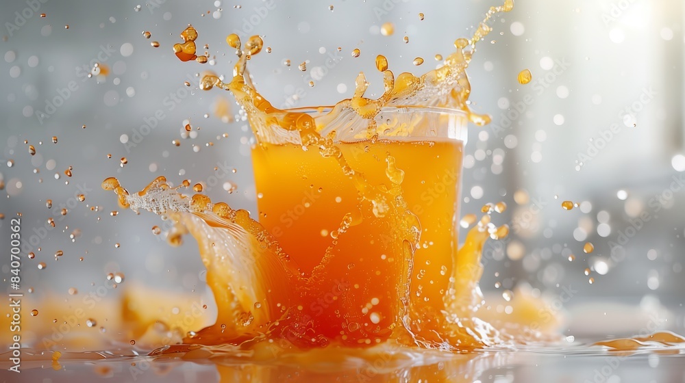 Fresh orange juice splashing on a grey surface. Orange juice being poured into a glass. Close up. Proper nutrition concept. Fresh orange juice splashing on a grey surface. Orange juice being poured into a glass. Close up. Proper nutrition concept.