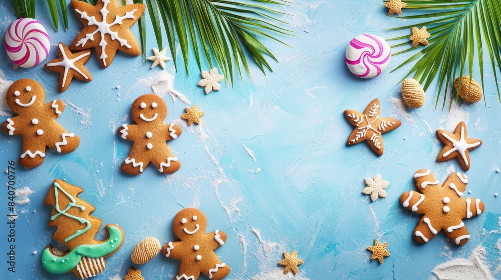 Gingerbread enjoying summer with tropical beach theme cookie friends, top view copy space. summer day