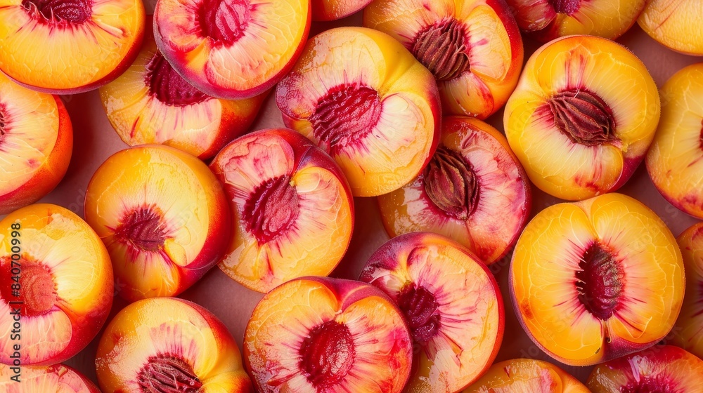 Closeup of Fresh Sliced Peaches with Detailed Texture Closeup of Fresh Sliced Peaches with Detailed Texture