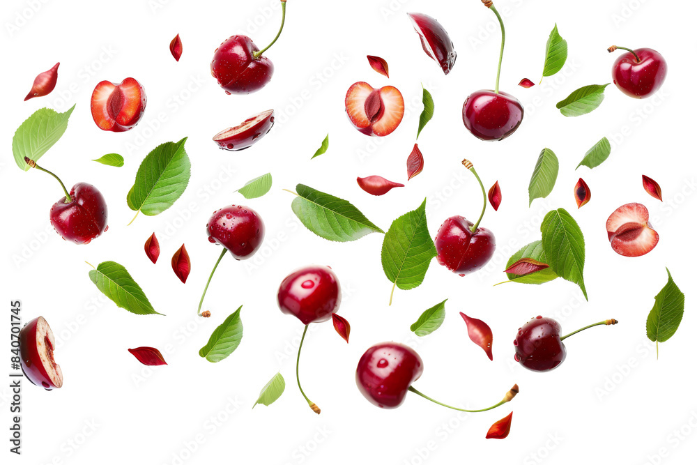 Falling fresh raw red Cherry with slice, green leaves and water drops in the air isolated on background, popular season dessert fruit.