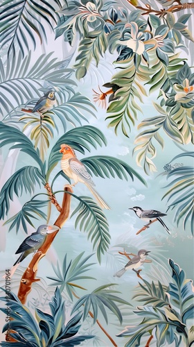 Illustration of tropical wallpaper print design with palm leaves, monstera leaves, birds and texture. Exotic plants and birds on textured background. AI generated illustration