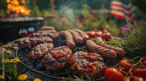 hot dogs and burgers on table with blurred background of summer outdoor barbecue, happy July 4th with American flags photo