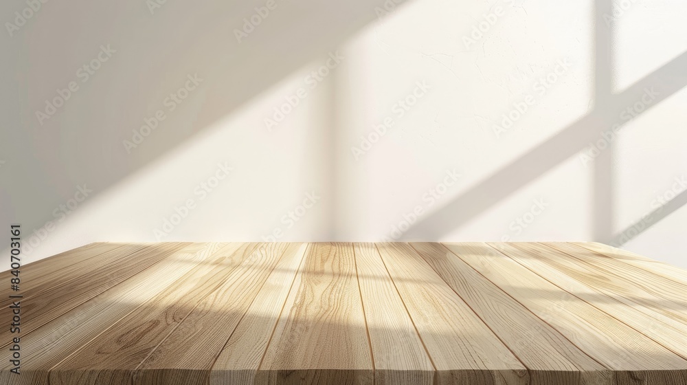 Empty Light Wood Table with Soft Shadow and Sun Rays on White Wall Background Empty Light Wood Table with Soft Shadow and Sun Rays on White Wall Background