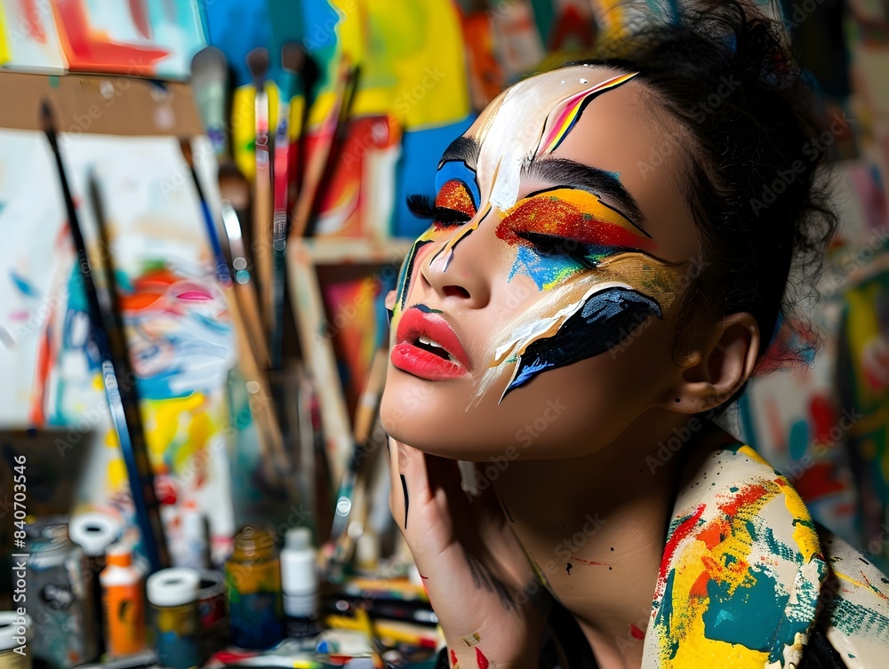 Obraz premium Vibrant Makeup Expression Showcases Creative Talent and Innovative Self Expression description This striking image captures a visually mesmerizing