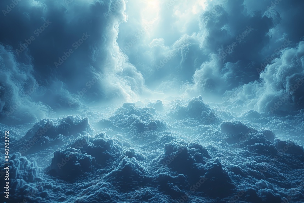 There is a dark theme background with plenty of blue clouds, and there is some light shining on the cloud at the center point of the image.