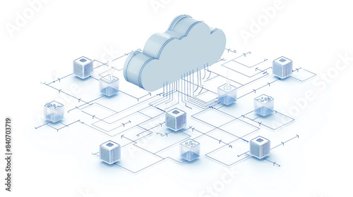 Create an illustration of a cloud network diagram, cloud computing infrastructure theme, front view, emphasizing interconnected nodes and data flow, advanced tone, monochromatic co