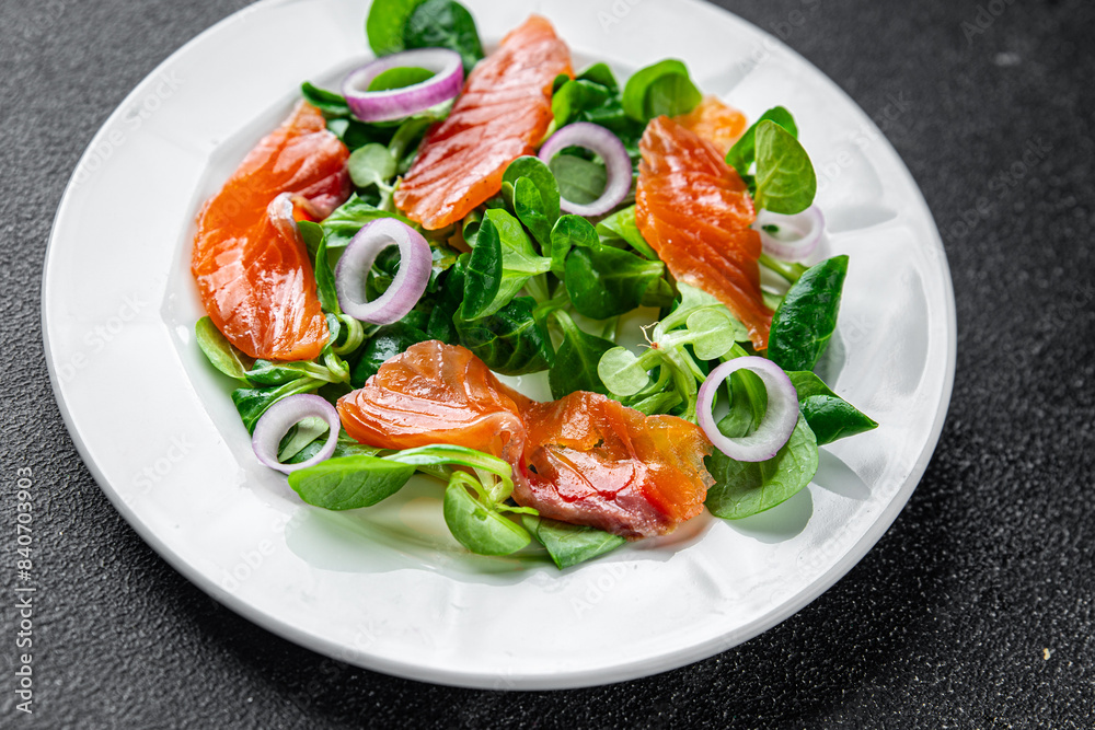 salmon salad appetizer meal food snack on the table copy space food background rustic top view keto or paleo diet vegetarian food salmon salad appetizer meal food snack on the table copy space food background rustic top view keto or paleo diet vegetarian food