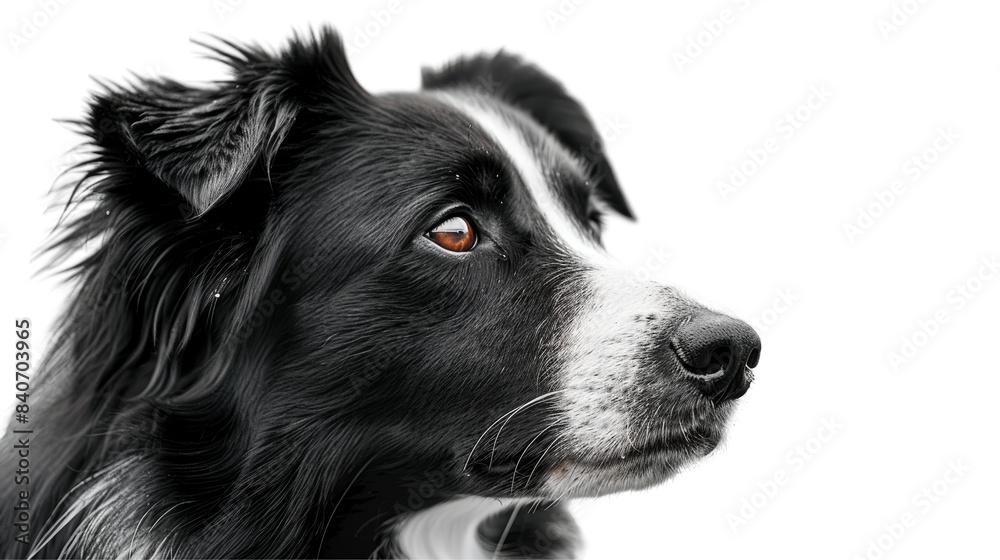 A black and white dog with a white nose and black ears on transparent or white background A black and white dog with a white nose and black ears on transparent or white background