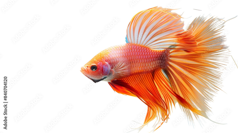 A small orange fish with a long tail and white fins swimming in a tank on transparent or white background A small orange fish with a long tail and white fins swimming in a tank on transparent or white background
