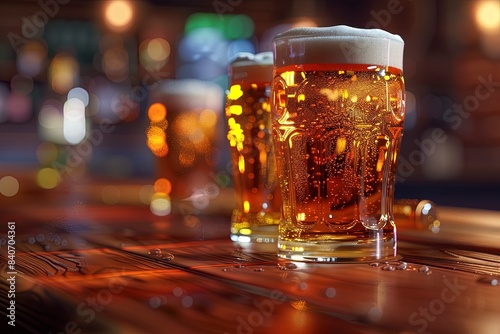 Cold glasses of beer in a bar bokeh, HD, Realistic, Copy space. Generative ai