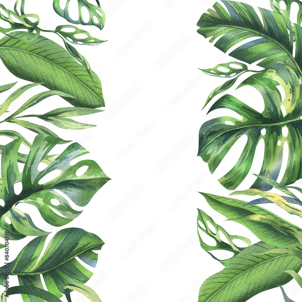 Naklejka premium Tropical coconut, banana palm leaves, monstera, monkey mask, frangipani, bright juicy green. Hand drawn watercolor botanical illustration. Frame, template isolated from background