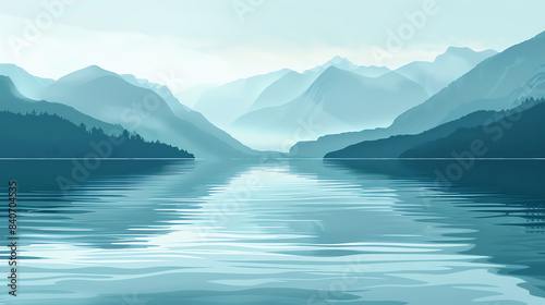 Create an illustration of a serene water landscape, nature theme, front view, emphasizing calm lakes and distant mountains, advanced tone, monochromatic color scheme.
