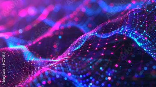Abstract cyberpunk mesh with floating holograms and neon grids, offering a visually dynamic and modern design