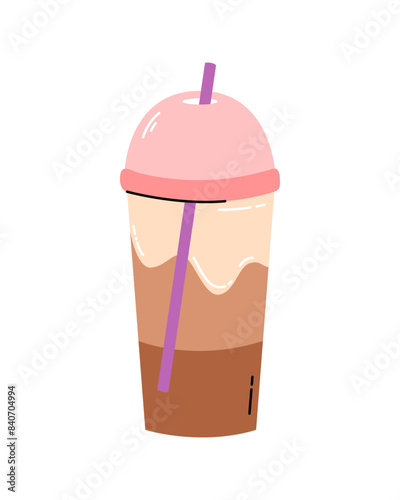 Cappuccino freddo. Ice coffee, milkshake. Cartoon flat vector illustration.