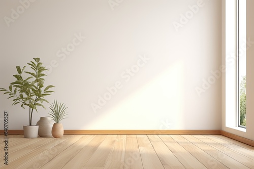 Empty Room With Sunlight Streaming Through Window and Potted Plants on Wooden Floor