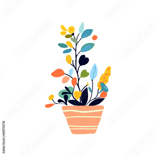 Illustration of minimalistic variegated flowers planted in a pot, depicted in a charming folk style. Suitable for print, decoration, poster printing, and home decor.