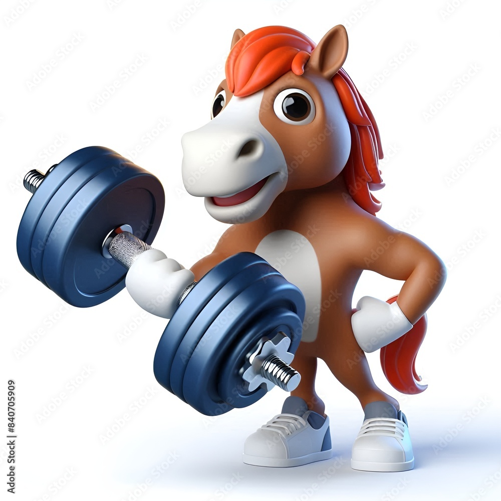 3d mascot horse, a series of pictures about sports, kettlebells, dumbbells
