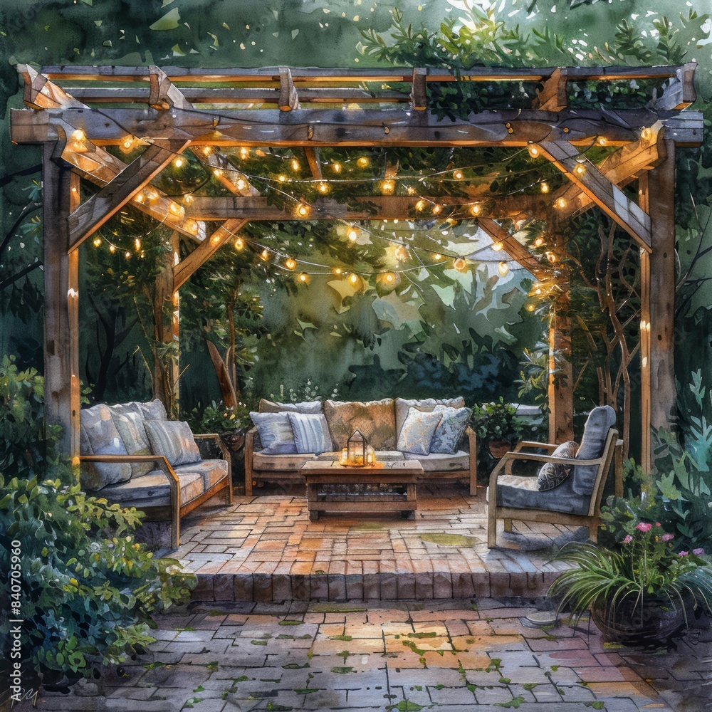 A patio with a wooden pergola and a table with candles A patio with a wooden pergola and a table with candles