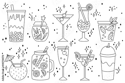 Set line summer drinks. Bubble tea, ice coffee, strawberry mojito, martini, orange juice, sunrise tequila, coconut cocktail, blue lagoon and bloody mary. Cartoon flat vector illustration.