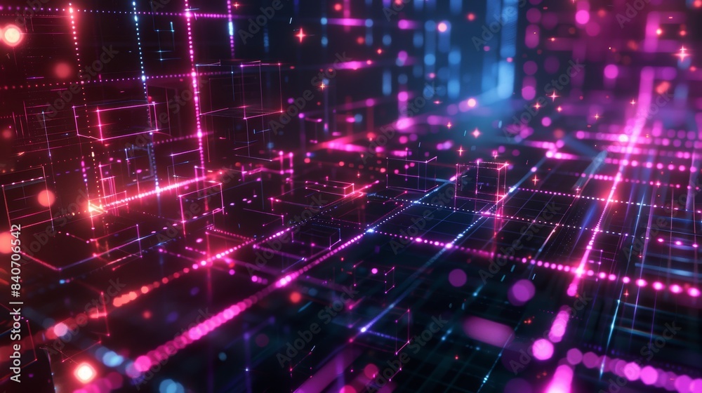 Obraz premium Geometric technology grid with bright neon highlights and floating data points, forming a visually striking and complex high-tech background