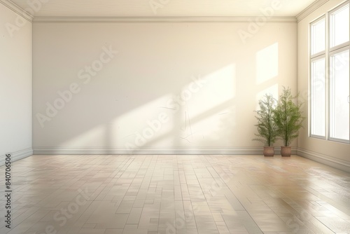 Empty Room with House Plants and Wooden Floors Sunlight Background