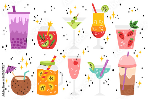 Set summer drinks. Bubble tea, ice coffee, strawberry mojito, martini, orange juice, sunrise tequila, coconut cocktail, blue lagoon and bloody mary. Cartoon flat vector illustration.