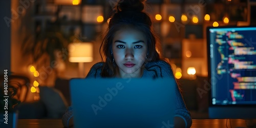 A skilled Brazilian female developer coding late at night from home. Concept Brazilian Developer, Coding, Late Night, Work from Home, Skilled Developer