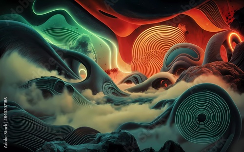 Arte Psicodélico: Tonos Rojos Intensos y Olas Brumosas en una Atmósfera Misteriosa y Cautivadora. 
 Formas Abstractas y Naturaleza en un Diseño Vibrante con Texturas Orgánicas y Patrones de Líneas