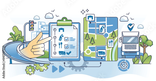 Route optimization with effective logistics planning outline hands concept. Efficiency to save fuel and productivity for time management vector illustration. Delivery service costs improvement.