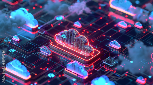 Render a depiction of a cloud computing network, digital infrastructure theme, top view, showcasing interconnected servers and data flow, technology tone, analogous color scheme.