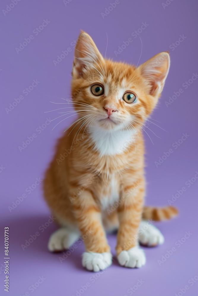 curious orange tabby kitten with a white chest in a playful mood on a soft lavender solid color background curious orange tabby kitten with a white chest in a playful mood on a soft lavender solid color background