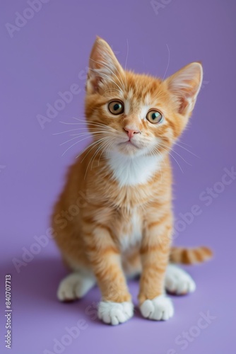 curious orange tabby kitten with a white chest in a playful mood on a soft lavender solid color background