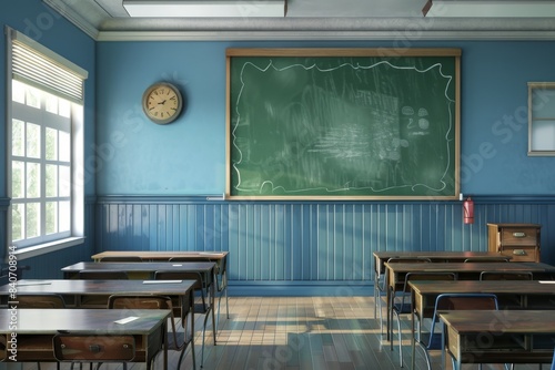 Empty classroom with desks and chairs facing green chalkboard, clock on wall photo