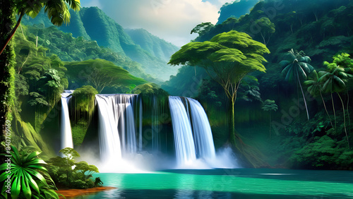 Majestic Waterfall in Jungle - A powerful waterfall cascading through a tropical jungle  showcasing nature s beauty and power Generative AI